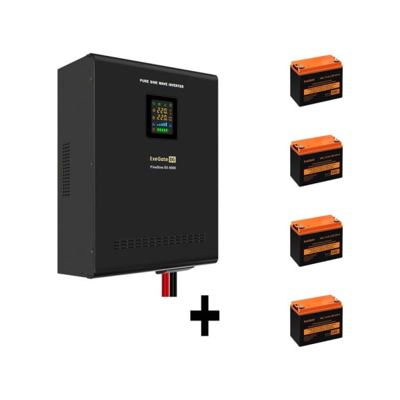 Комплект ИБП ExeGate EX296004RUS+батарея 33Aч EX285664RUS4 штинвертор, синус, для котла, настенный FineSineSX-5000.LCD.AVR.2SH.T5000VA3500W, чистая синусоида, цветной LCD-диспле 296657