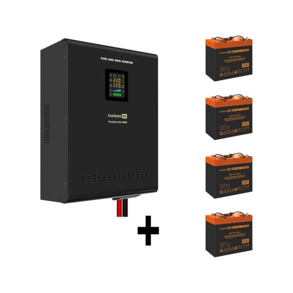 Комплект ИБП ExeGate EX296004RUS+батарея 55Aч EX285652RUS4 штинвертор, синус, для котла, настенный FineSineSX-5000.LCD.AVR.2SH.T5000VA3500W, чистая синусоида, цветной LCD-диспле 296662