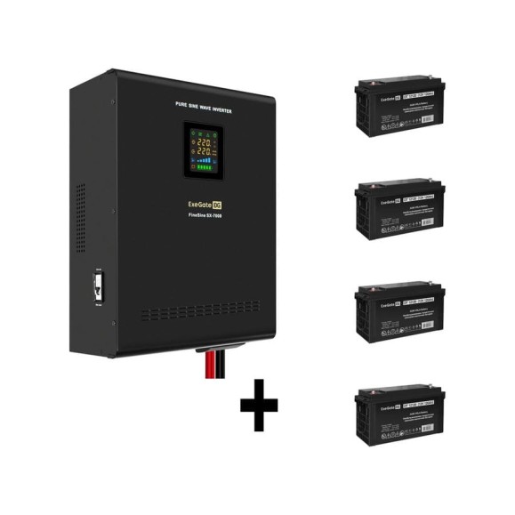 Комплект ИБП ExeGate EX296005RUS+батарея 120Aч EX282988RUS4 штинвертор, синус, для котла, настенный FineSineSX-7000.LCD.AVR.2SH.T7000VA5000W, чистая синусоида, цветной LCD-диспл 296694