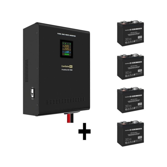 Комплект ИБП ExeGate EX296005RUS+батарея 55Aч EX285667RUS4 штинвертор, синус, для котла, настенный FineSineSX-7000.LCD.AVR.2SH.T7000VA5000W, чистая синусоида, цветной LCD-диспле 296684