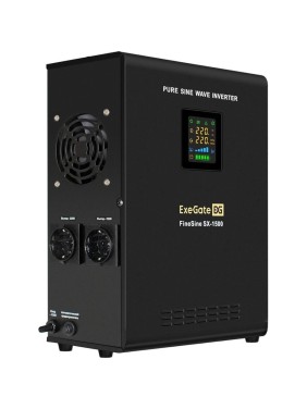 ИБП ExeGate инвертор синус для котла настенный FineSine SX-1500 LCD AVR 2SH 1500VA/1050W чистая синусоида цветной LCD-дисплей AVR 2 Schuko линейно-интерактивный внешняя батарея 24В до 200Ач настенный Black 295998