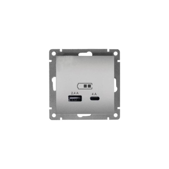 Розетка USB UNIVersal Type-A (2,4А) + Type-C (4А) серия "Афина" с/у, серебро (еврослот) А0059-S Розетка USB UNIVersal Type-A (2,4А) + Type-C (4А) серия "Афина" с/у, серебро (еврослот) А0059-S