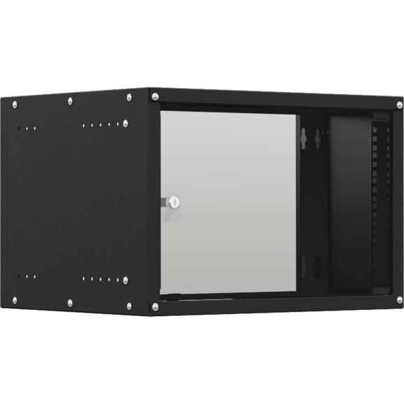 Шкаф настенный телекоммуникационный NTSS LIME 6U 550x350x370мм, 2 профиля 19, дверь стеклянная, боковые стенки несъемные, разобранный, черный RAL 9005 NTSS-WL6U5535GS-BL