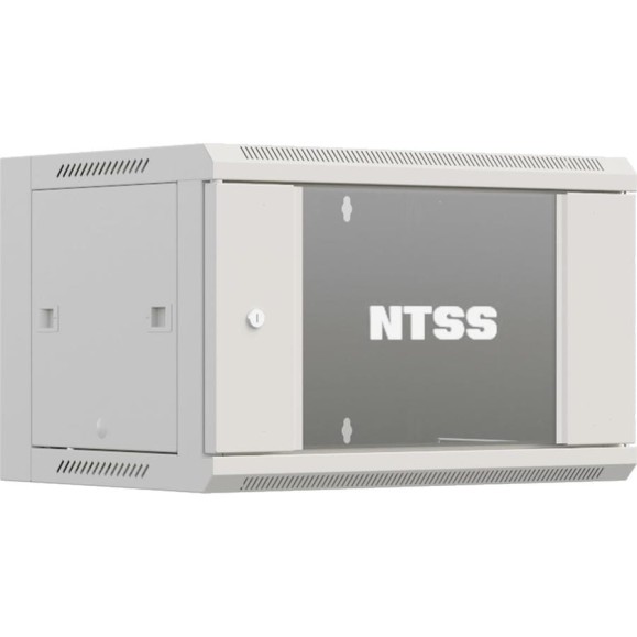 Шкаф настенный телекоммуникационный NTSS W 6U 600x600x370мм, 2 профиля 19, дверь стеклянная, боковые стенки съемные, задняя стенка, разобранный, серый RAL 7035 NTSS-W6U6060GS