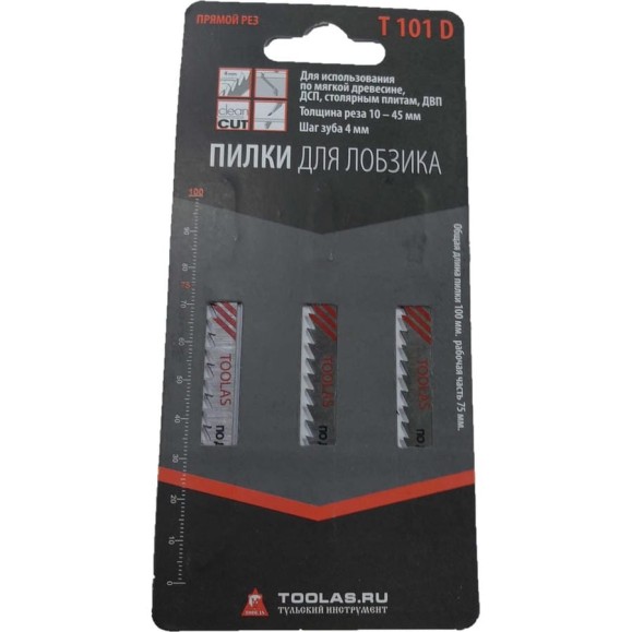 Пилка для лобзика T101D (прямой рез, шаг зуба 4 мм, толщина реза 10 - 45 мм) (для работ по дереву, ДСП, ДВП), 3 шт TOOLAS 00003835