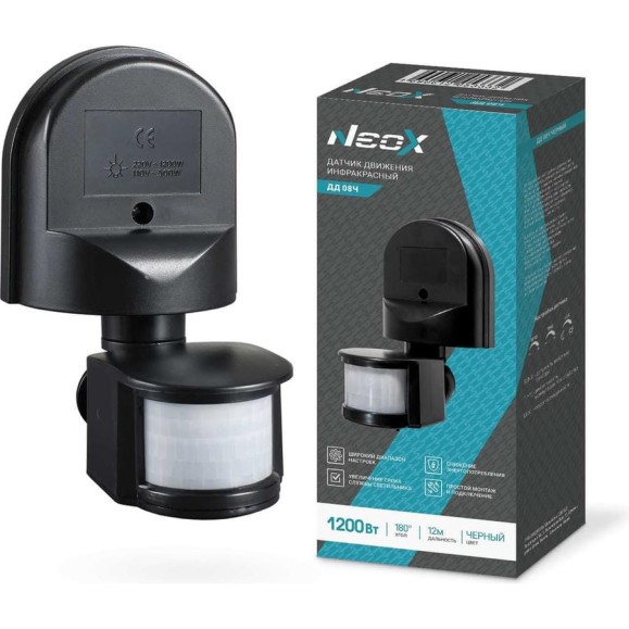Датчик движения инфракрасный Neox ДД 08Ч 1200Вт 180 гр.12м IP44 черный 4690612053332 Датчик движения инфракрасный Neox ДД 08Ч 1200Вт 180 гр.12м IP44 черный 4690612053332