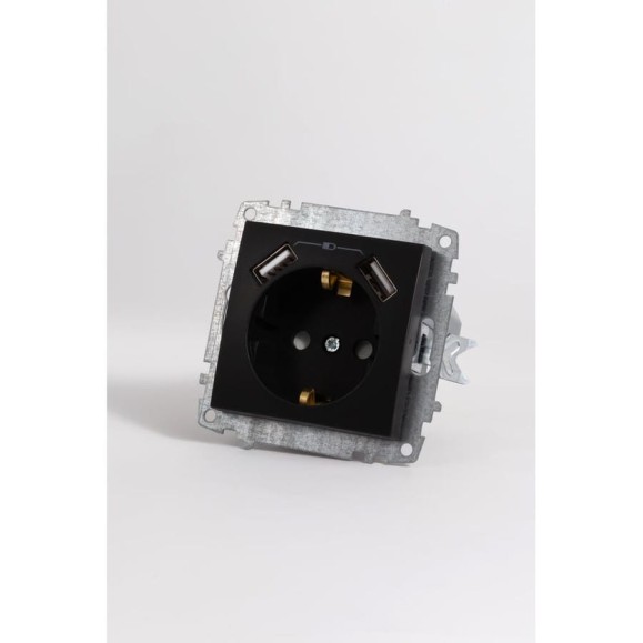 Розетка Elbi Zena Vega Черный Матовый Два входа USB для заряда устройства с заземлениям и защита от детей M+K 609-014800-317