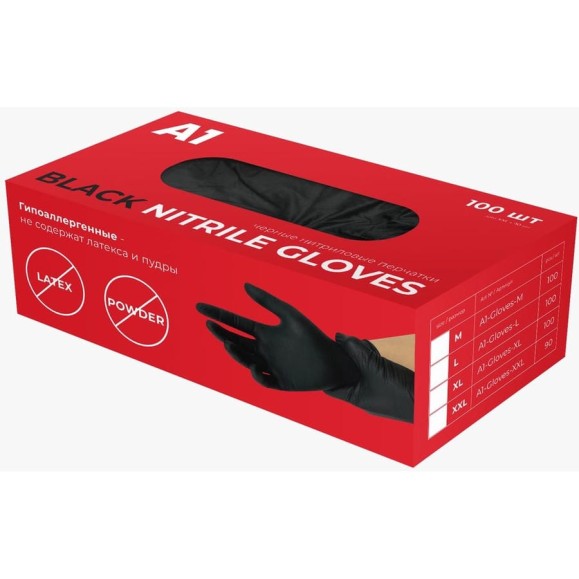 Нитриловые перчатки А1 NITRIL GLOVES черные, размер XL, упаковка 100шт A1-Gloves-XL