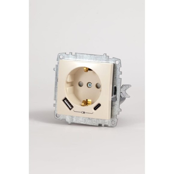 Розетка Elbi Zena Vega Kремовый с заземлением зарядка (Type C+USB) 5V 2400 mA 609-010300-334