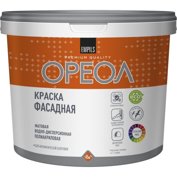 Водно-дисперсионная фасадная краска Ореол (атмосферостойкая; полиакриловая; база С; 4.5 л; 5.81 кг) 67267 Водно-дисперсионная фасадная краска Ореол (атмосферостойкая; полиакриловая; база С; 4.5 л; 5.81 кг) 67267