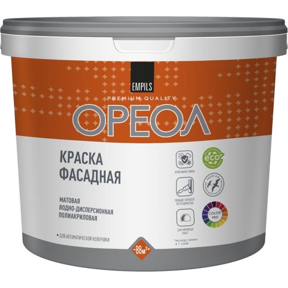Водно-дисперсионная фасадная краска Ореол (атмосферостойкая; полиакриловая; база А; 9 л; 12.96 кг) 67265 Водно-дисперсионная фасадная краска Ореол (атмосферостойкая; полиакриловая; база А; 9 л; 12.96 кг) 67265