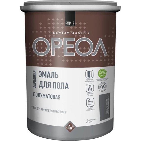 Акриловая эмаль для пола Ореол (полуматовая; тёмно-серая; 0.9 кг) 78185