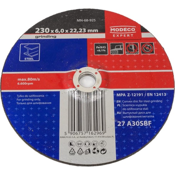 Диск для шлифования металла 230x6x22.23 мм, выпуклый MODECO MN-68-925 Диск для шлифования металла 230x6x22.23 мм, выпуклый MODECO MN-68-925