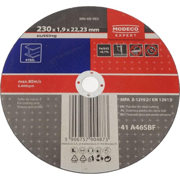 Диск для резки металла 230x1.9x22.23 мм, плоский MODECO MN-68-965 Диск для резки металла 230x1.9x22.23 мм, плоский MODECO MN-68-965