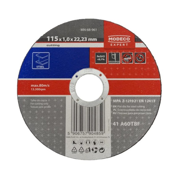 Диск для резки металла 115x1.0x22.23 мм, плоский MODECO MN-68-961 Диск для резки металла 115x1.0x22.23 мм, плоский MODECO MN-68-961