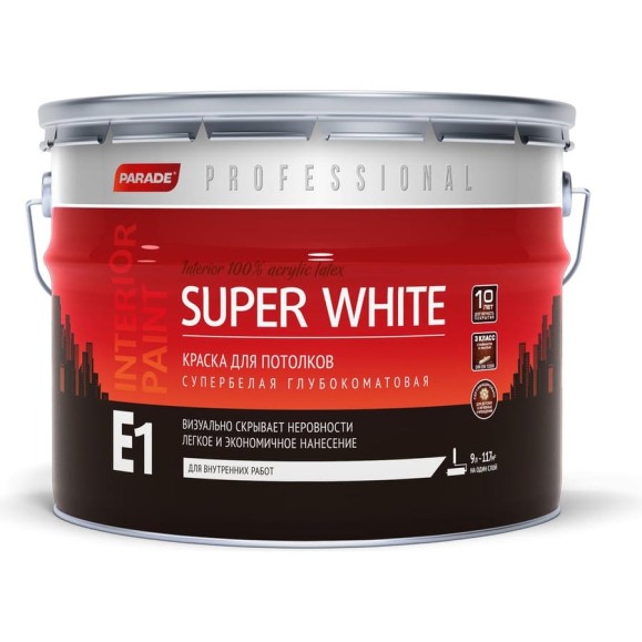 Краска для потолков SUPER WHITE E1 база А 9 л Россия PARADE Лк-00008438