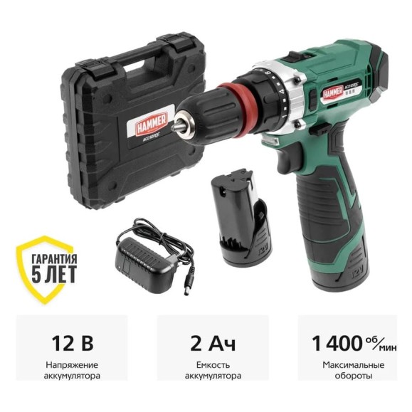 Аккумуляторная дрель Hammer 12 В, 2x2 Ач, Li-ION, 10 мм, 0-350/0-1400 об/мин, 28 Нм ACD122QC