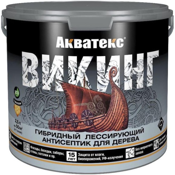 Антисептик для дерева Акватекс Викинг 65086, лессирующий, полуматовый, 2,5 л, орех 272526 Антисептик для дерева Акватекс Викинг 65086, лессирующий, полуматовый, 2,5 л, орех 272526