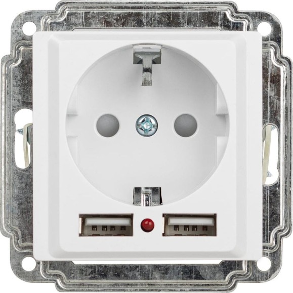 Розетка Intro Accent 641001 PE Schuko со шторками, 16А, 250В, 2хUSB, IP20, СУ, белый Б0063689