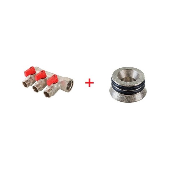 Комплект Valtec _18 VI7 Коллектор с отсекающими кранами, 1x3 вых. 1/2 нар. VTc.580.N.0603 + Адаптер д/коллектора /конус-плоскость/ 1/2 VTc.701.N.04 VT.VI7.K18.5800603.701