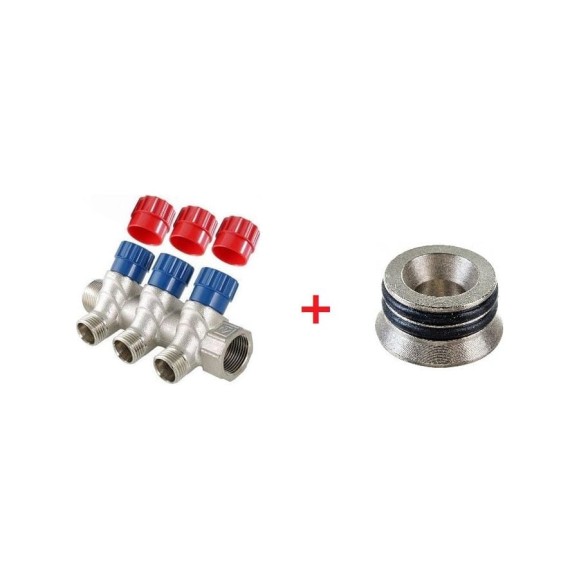 Комплект Valtec _16 VI7 Коллектор с регул. вентилями, 1x3 вых. 1/2 нар. VTc.560.N.0603 + Адаптер д/коллектора /конус-плоскость/ 1/2 VTc.701.N.04 VT.VI7.K16.5600603.701