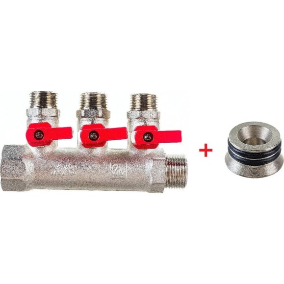 Комплект Valtec _17 VI7 Коллектор с кранами 3 вых. х 3/4"х 1/2 НР VTc.580.N.0503 + Адаптер д/коллектора /конус-плоскость/ 1/2 VTc.701.N.04 VT.VI7.K17.5800503.701
