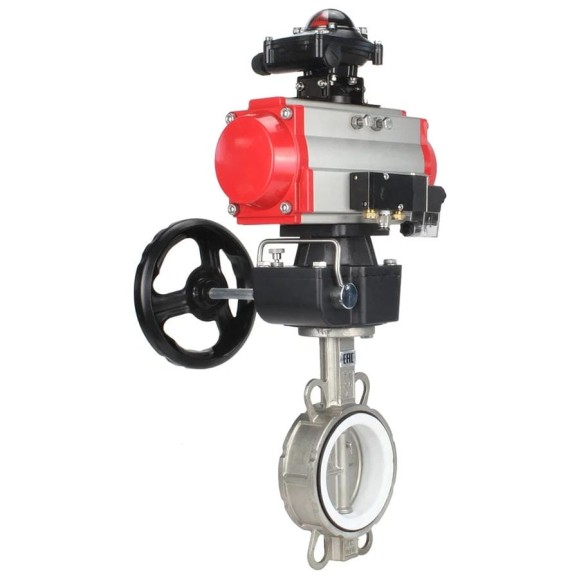 Затвор DN.ru 316L-316L-PTFE Ду250 Ру16 с пневмоприводом, пневмораспределителем, БКВ, дублером D050-19202