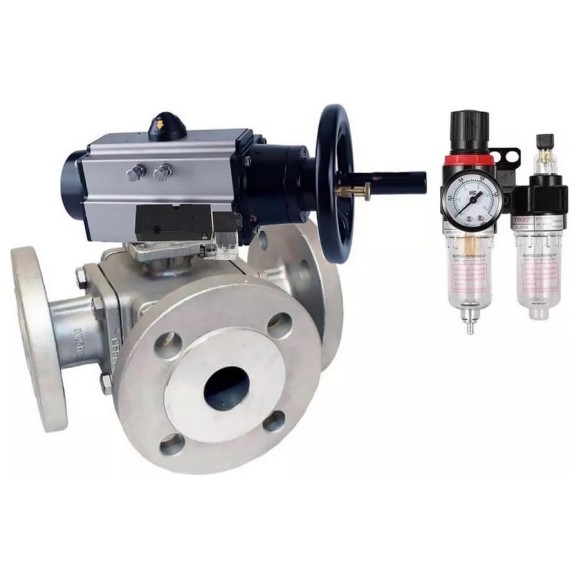 Шаровой кран DN.ru 316-316-PTFE L-тип Ду100 Ру16, пневмопривод, пн.распределитель, БПВ D160-32777