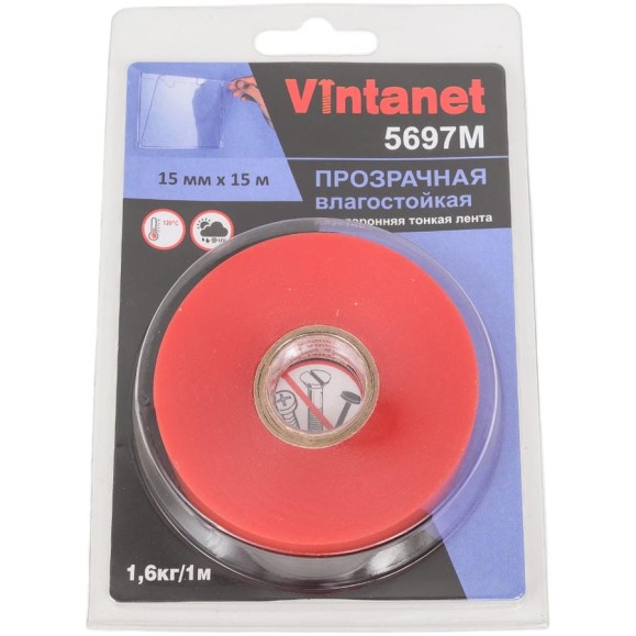 Двусторонняя лента на ПЭТ основе VINTANET 5697М, прозрачная, влагостойкая, 15 мм, 15 м 5697M 15MMX15M Двусторонняя лента на ПЭТ основе VINTANET 5697М, прозрачная, влагостойкая, 15 мм, 15 м 5697M 15MMX15M