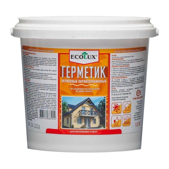 Герметик акриловый пароизоляционный Ecolux внутренний белый 1,3 кг 4607133683924 Герметик акриловый пароизоляционный Ecolux внутренний белый 1,3 кг 4607133683924