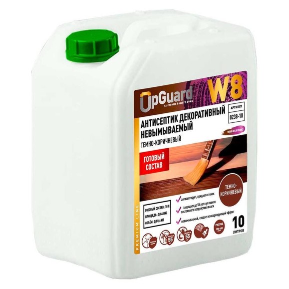 Антисептик декоративный UPGUARD W8, готовый состав невымываемый, цвет тёмно-коричневый, для защиты древесины, срок защиты до 55 лет, 10 л, 0238-10 (O238-10)