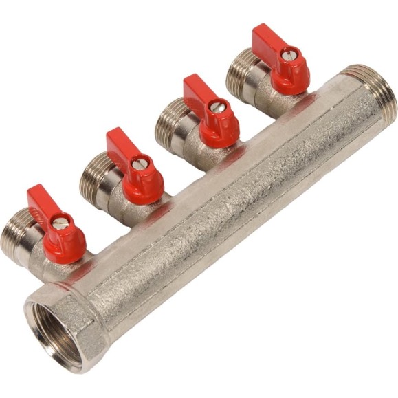 Коллектор HENCO 1" с красными шаровыми кранами, 3/4"НР евроконус, 1"-4xEK14,16,18,20 VB060504-ROOD