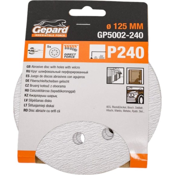 Шлифлист круглый самосцепляющийся 125 мм, Р240, 5 шт Gepard GP5002-240