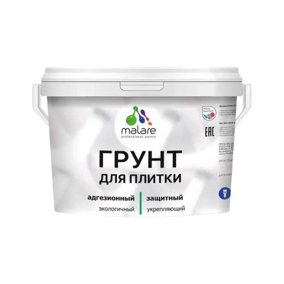 Грунт для плитки и кафеля акриловый MALARE адгезионный укрепляющий, для плитки, без запаха быстросохнущий, белый, 10 кг 4610362814793 ГПЛИТБЕЛ1000