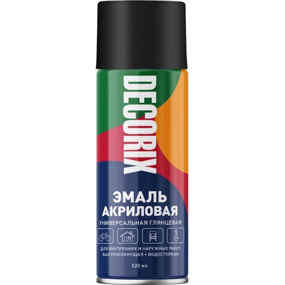 Аэрозольная универсальная эмаль Decorix (акриловая; черный; глянцевый; 520 мл) 0101-01 DX Аэрозольная универсальная эмаль Decorix (акриловая; черный; глянцевый; 520 мл) 0101-01 DX