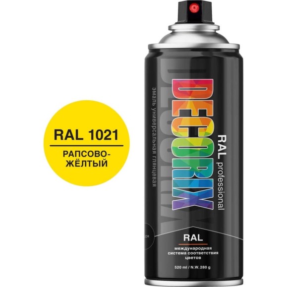 Аэрозольная эмаль Decorix RAL ПРОФЕССИОНАЛЬНАЯ глянцевая рапсово-жёлтый RAL 1021 520 мл 0138-1021 DX Аэрозольная эмаль Decorix RAL ПРОФЕССИОНАЛЬНАЯ глянцевая рапсово-жёлтый RAL 1021 520 мл 0138-1021 DX