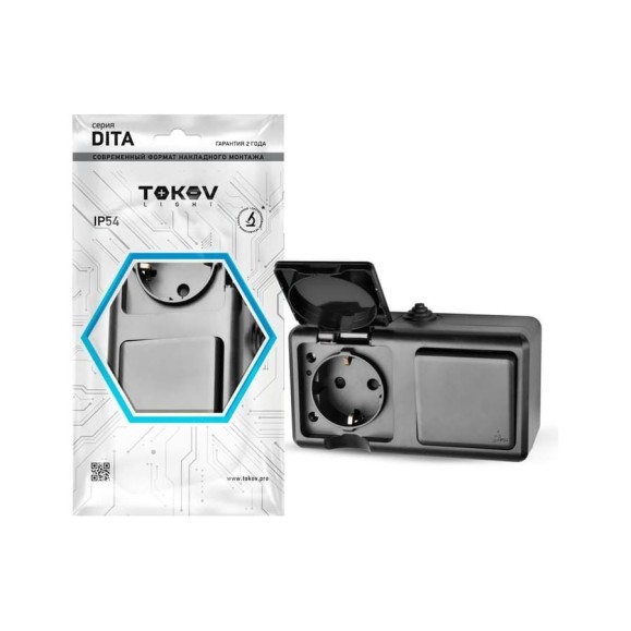 Блок ОП TOKOV ELECTRIC Dita (розетка 16А 250В с заземл. + 1-кл. выкл. 10А) IP54 карбон TKL-DT-V1RZ-C14-IP54
