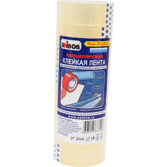 Клейкая канцелярская лента UNIBOB 19 мм х 33 м Прозрачный Упак 8 штук 214962 Клейкая канцелярская лента UNIBOB 19 мм х 33 м Прозрачный Упак 8 штук 214962