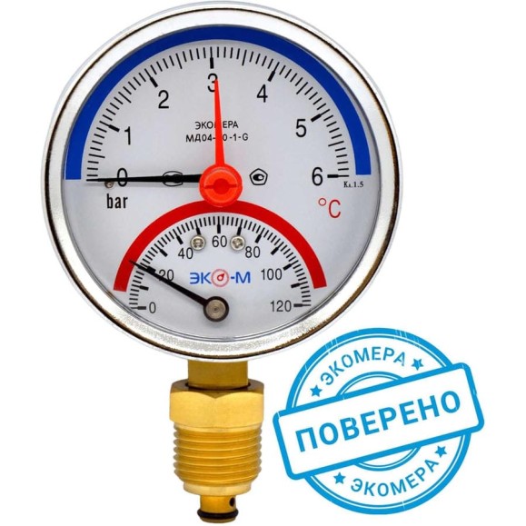 Термоманометр ЭКО-М ЭКОМЕРА мд04-80 мм, 0-6 бар, 0-120 С, G1/4" с переходником на G1/2" МД04-80-G-6-120-РИ