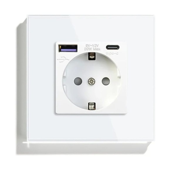 Розетка Vell электрическая, белая, 1 пост, USB-A, USB-C, быстрая зарядка, стеклянная рамка 1369764