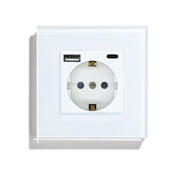 Розетка Vell электрическая, белая, 1 пост, USB-A, USB-C, стеклянная рамка 1369760
