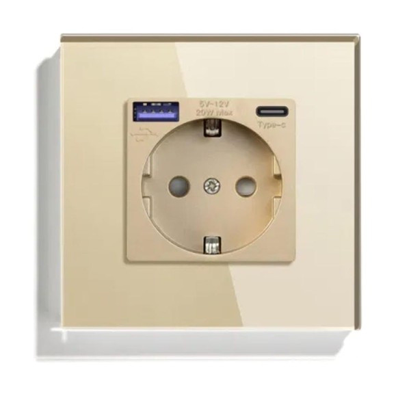 Розетка Vell электрическая, золотая, 1 пост, USB-A, USB-C, быстрая зарядка, стеклянная рамка 1369766