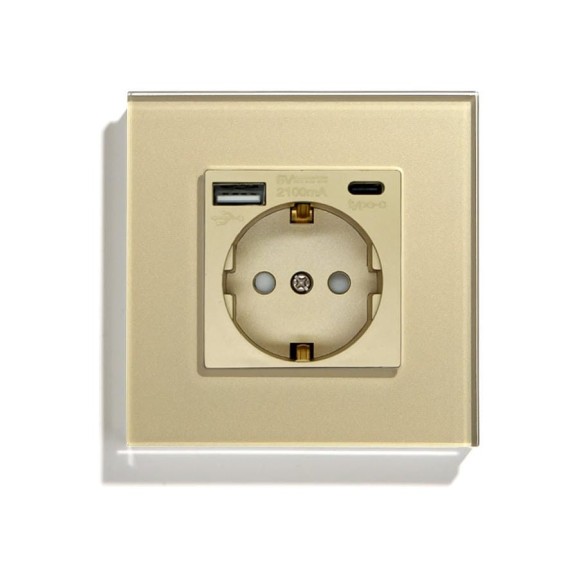 Розетка Vell электрическая, золотая, 1 пост, USB-A, USB-C, стеклянная рамка 1369762