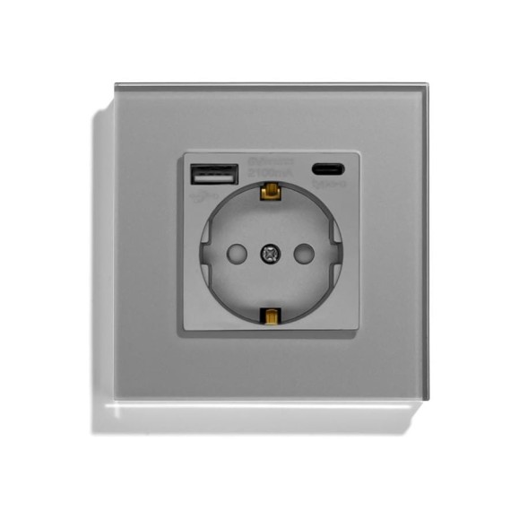 Розетка Vell электрическая, серая, 1 пост, USB-A, USB-C, стеклянная рамка 1369763