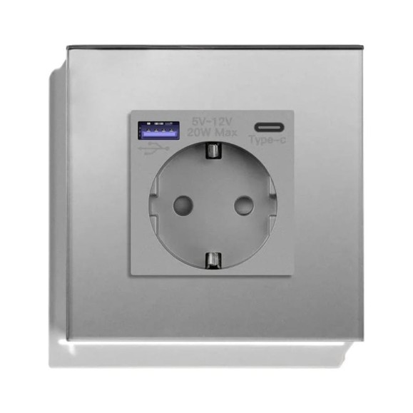 Розетка Vell электрическая, серая, 1 пост, USB-A, USB-C, быстрая зарядка, стеклянная рамка 1369767 Розетка Vell электрическая, серая, 1 пост, USB-A, USB-C, быстрая зарядка, стеклянная рамка 1369767