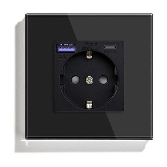 Розетка Vell электрическая, черная, 1 пост, USB-A, USB-C, быстрая зарядка, стеклянная рамка 1369765