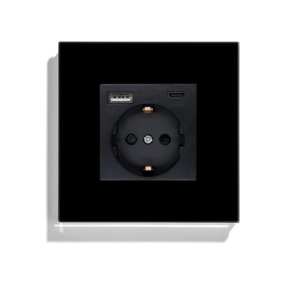 Розетка Vell электрическая, черная, 1 пост, USB-A, USB-C, стеклянная рамка 1369761