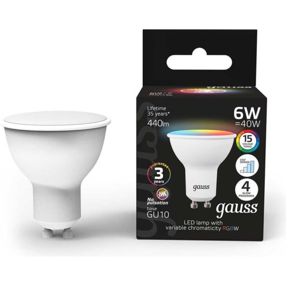 Светодиодная лампа Gauss MR16 6W GU10 RGBW+dim 101106406 Светодиодная лампа Gauss MR16 6W GU10 RGBW+dim 101106406
