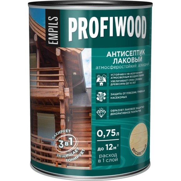 Алкидный антисептик PROFIWOOD (лаковый; тонирующий; атмосферостойкий; бесцветный; 0.75 л; 0.7 кг) 66992