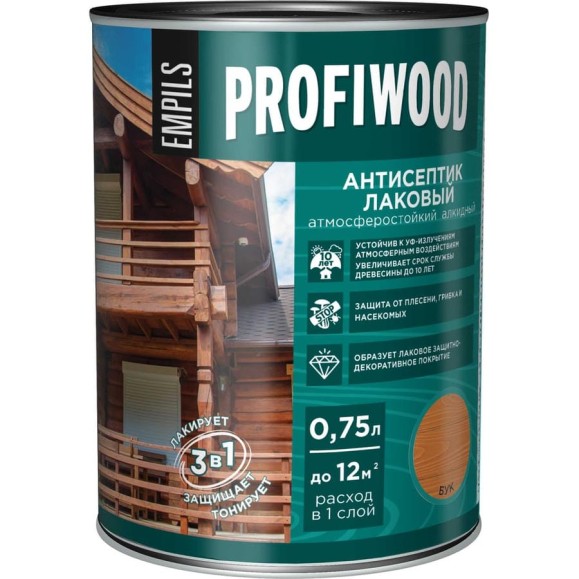 Алкидный антисептик PROFIWOOD (лаковый; тонирующий; атмосферостойкий; бук; 0.75 л; 0.7 кг) 67017 Алкидный антисептик PROFIWOOD (лаковый; тонирующий; атмосферостойкий; бук; 0.75 л; 0.7 кг) 67017